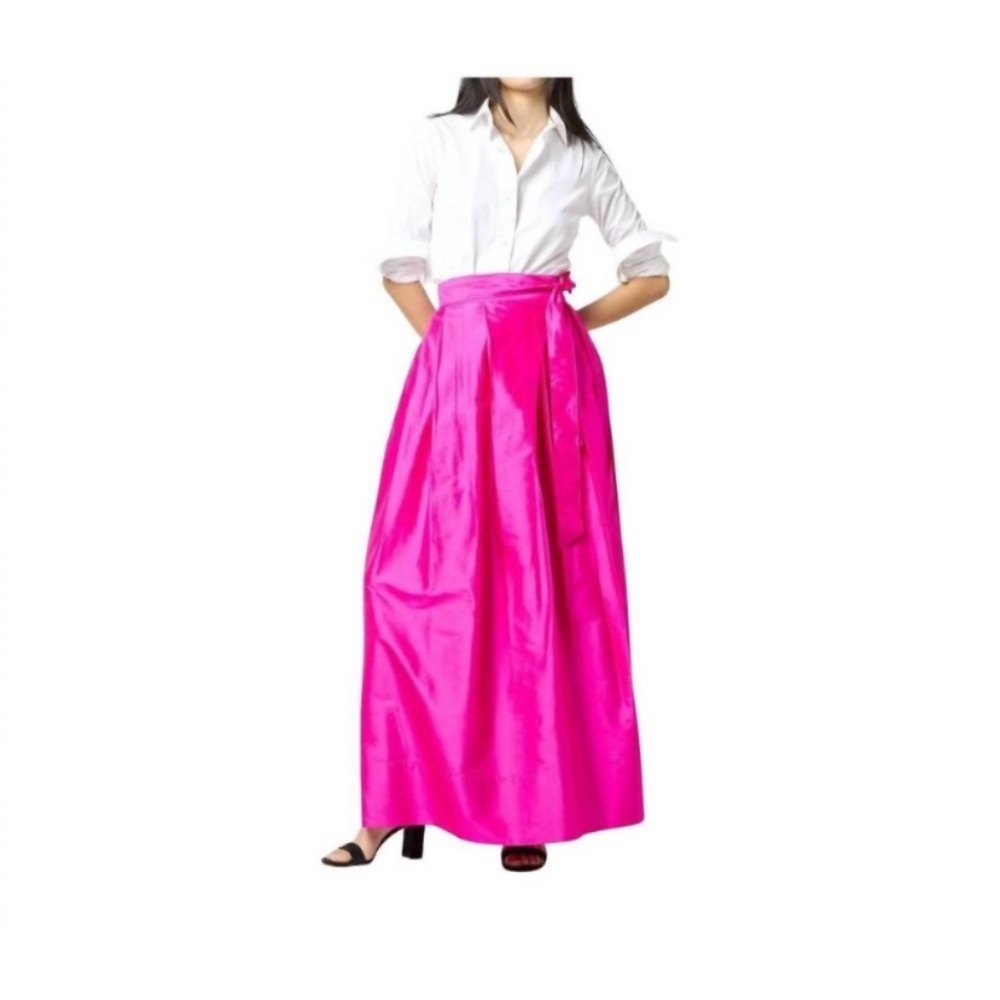 NWT Ann Mashburn Pleated Wrap Skirt in Magenta Silk Shantung - size L